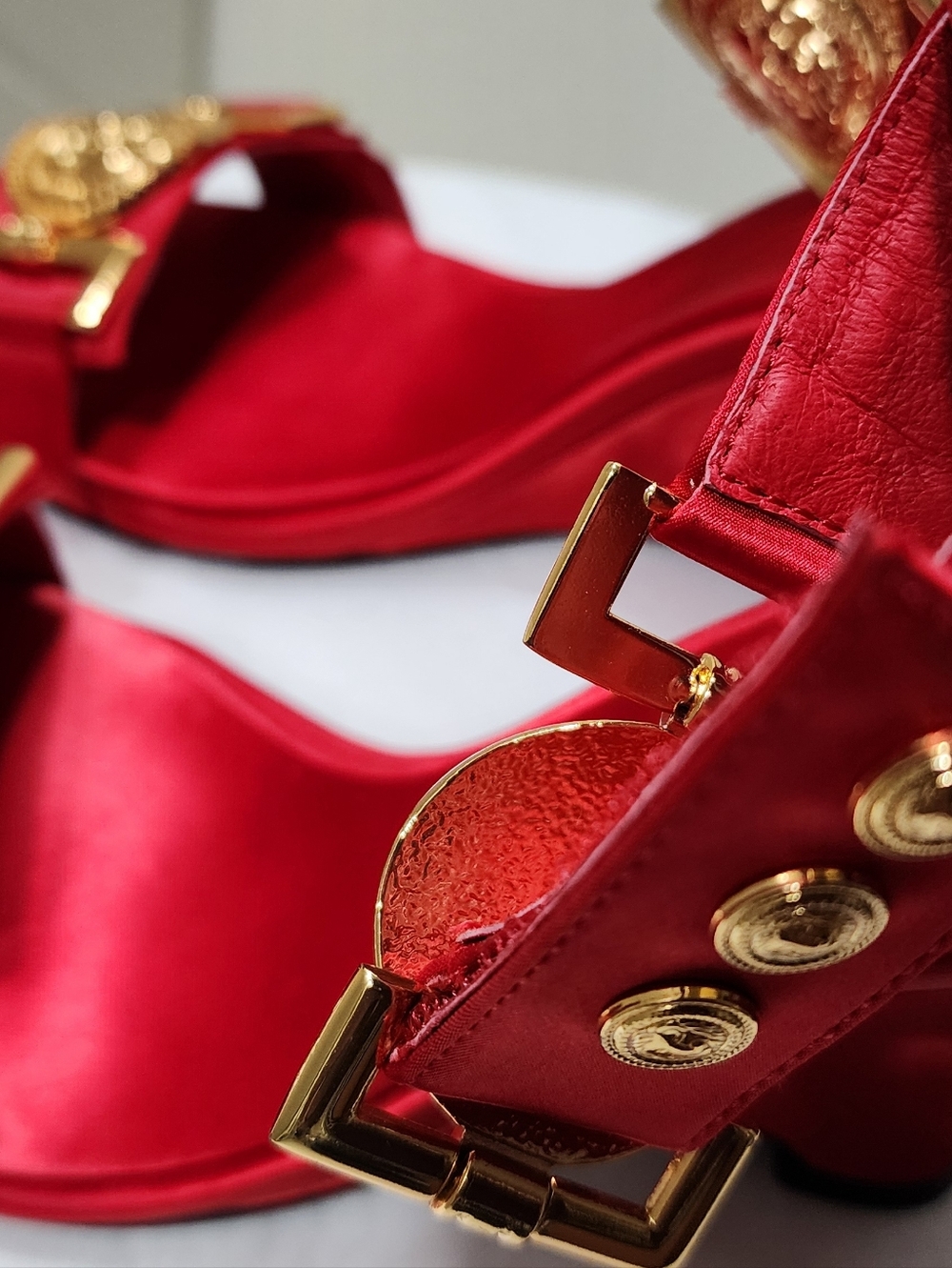 Jeffrey Campbell Red Satin Medallion Ankle-Strap Heels - Picture 5 of 6
